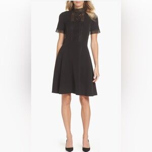 Tahari ASL black lace inset fit and flare crepe dress Size 16